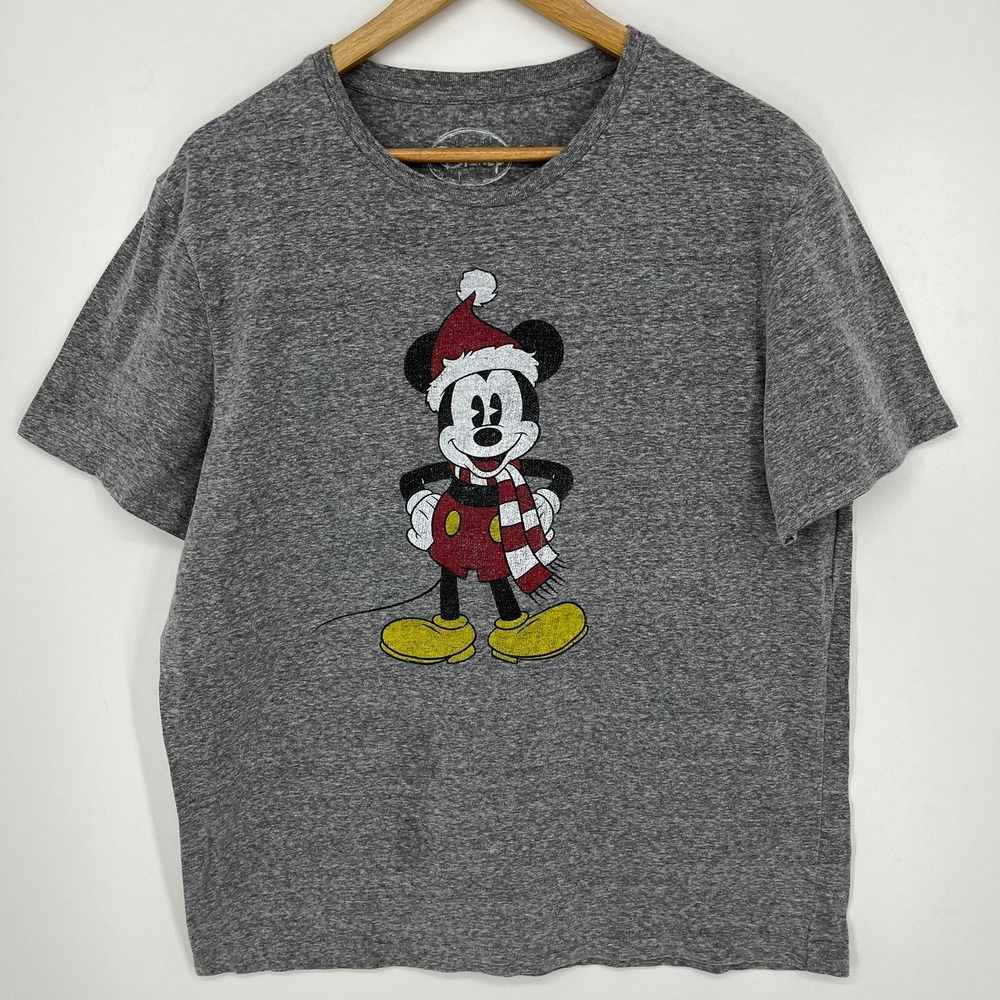 Disney‎ Mickey Mouse Christmas Holiday Santa Hat Graphic Tee Gray Mens Large